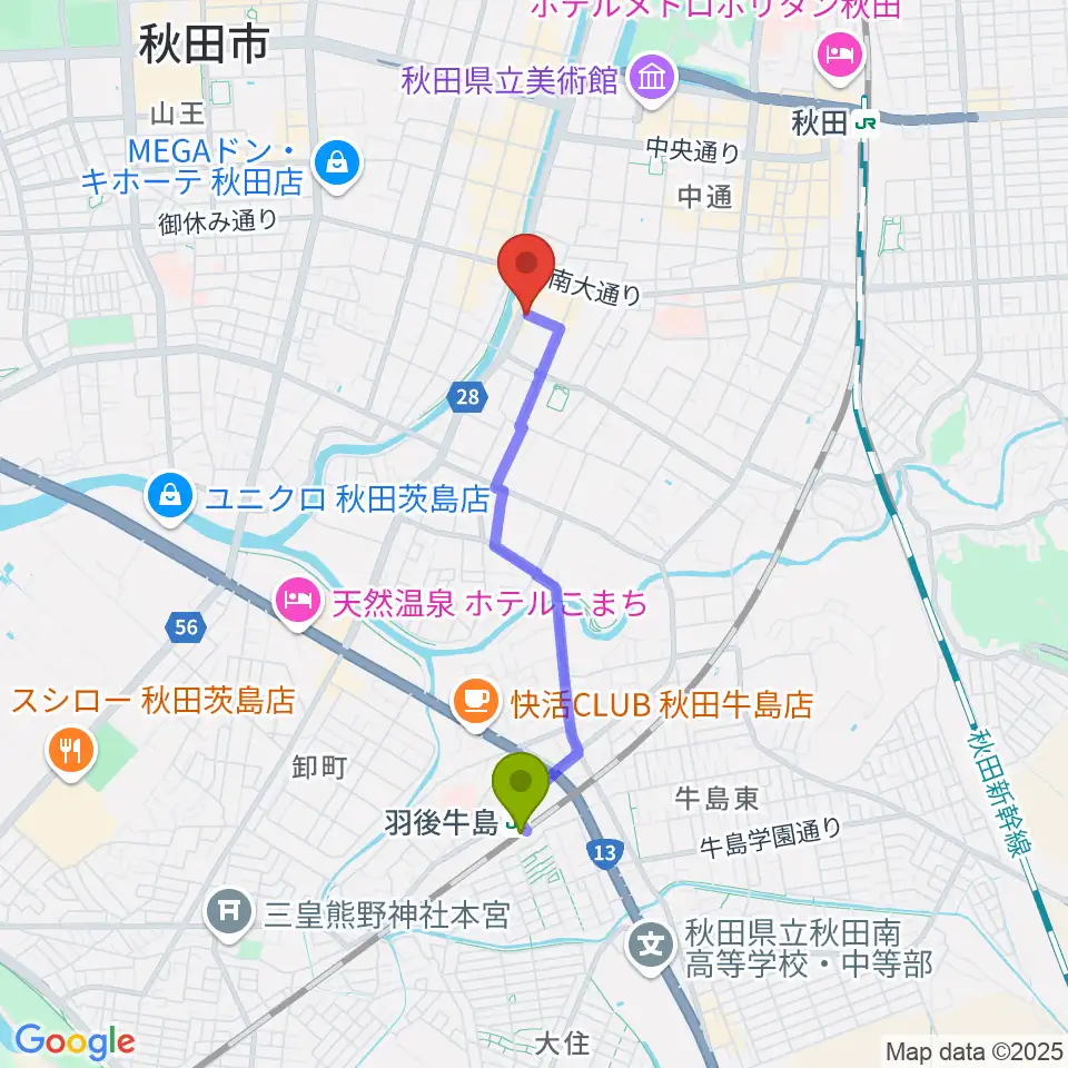 羽後牛島駅から秋田ラウドアフェクションへのルートマップ地図