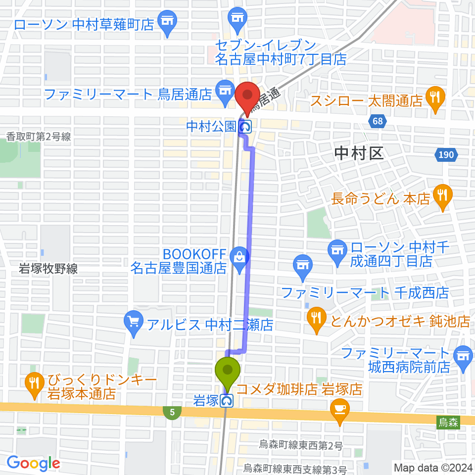 岩塚駅から松栄楽器 名古屋店へのルートマップ地図