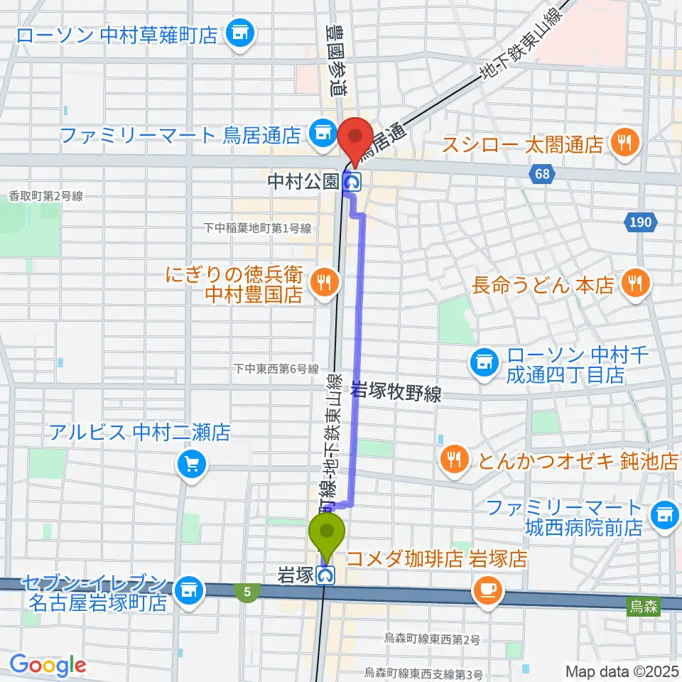 岩塚駅から松栄楽器 名古屋店へのルートマップ地図