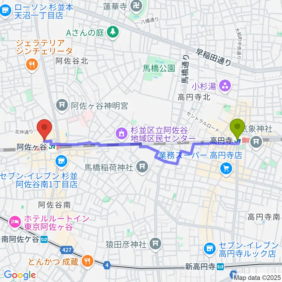 高円寺駅からBAR ROCK INDIAへのルートマップ地図