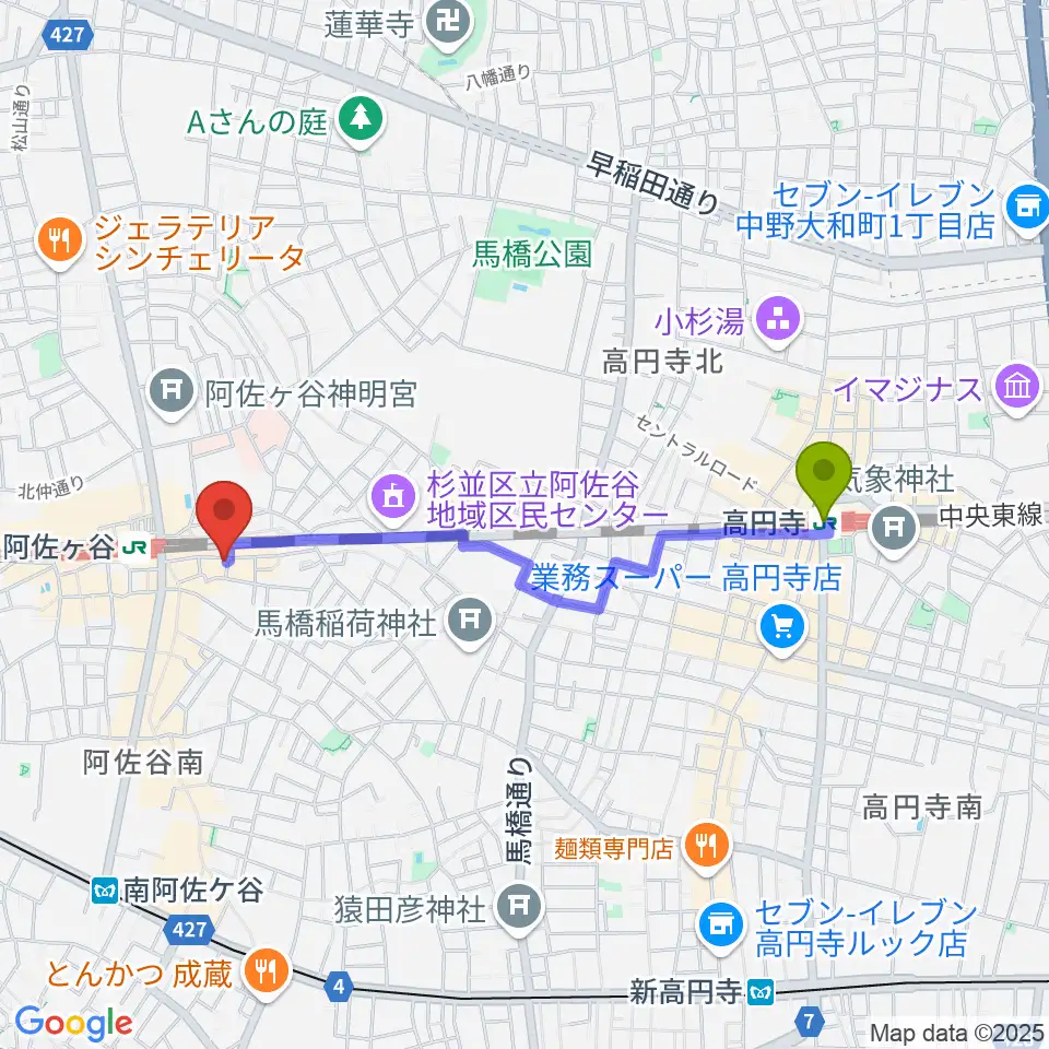 高円寺駅から阿佐ヶ谷ハーネスへのルートマップ地図