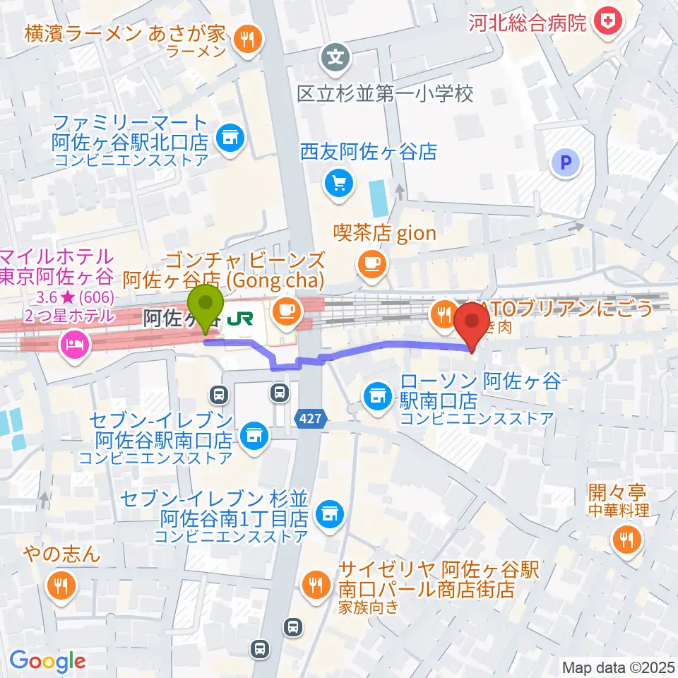 阿佐ヶ谷ハーネスの最寄駅阿佐ケ谷駅からの徒歩ルート（約3分）地図