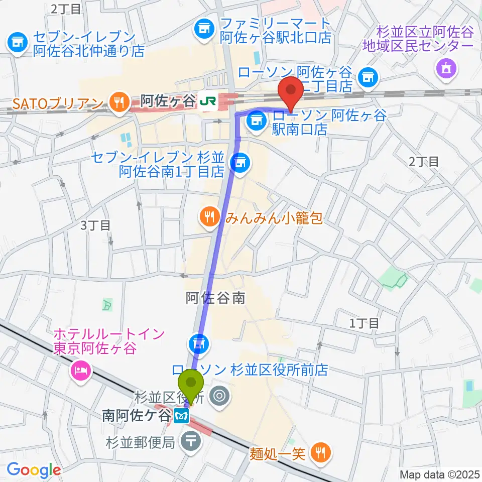 南阿佐ケ谷駅から阿佐ヶ谷ハーネスへのルートマップ地図