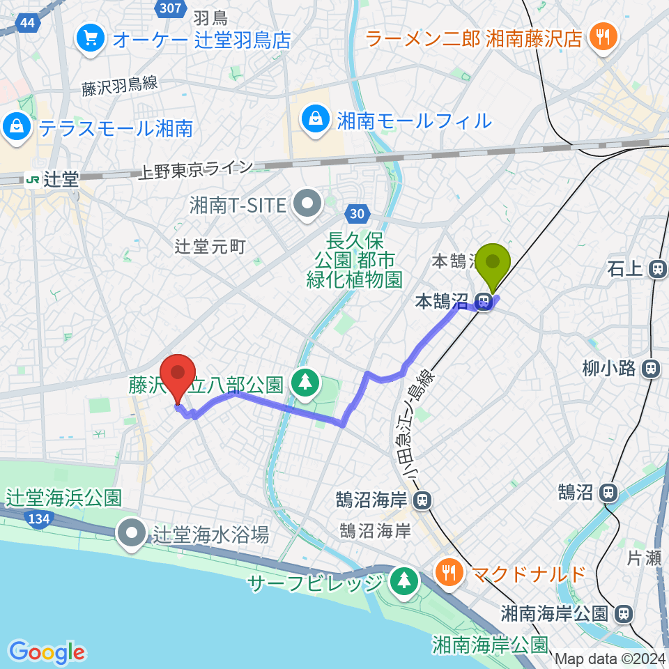 本鵠沼駅から12アートアカデミーへのルートマップ地図