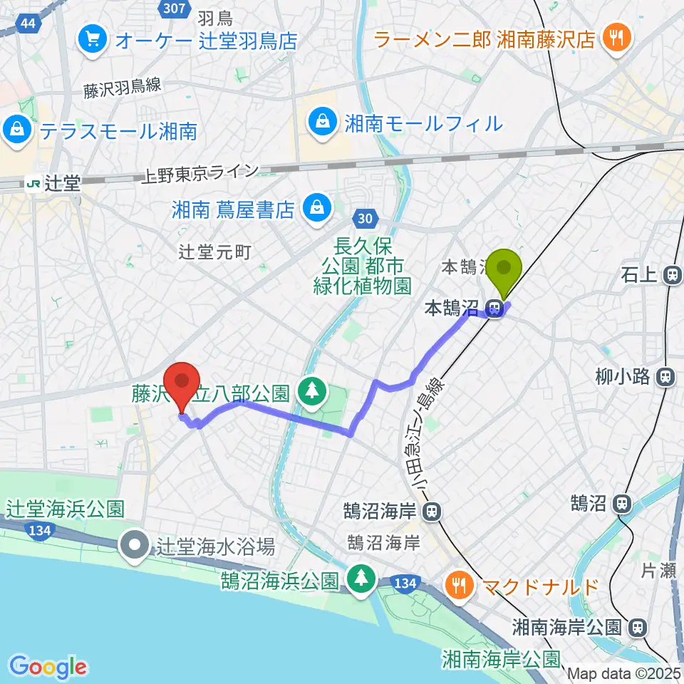 本鵠沼駅から12アートアカデミーへのルートマップ地図