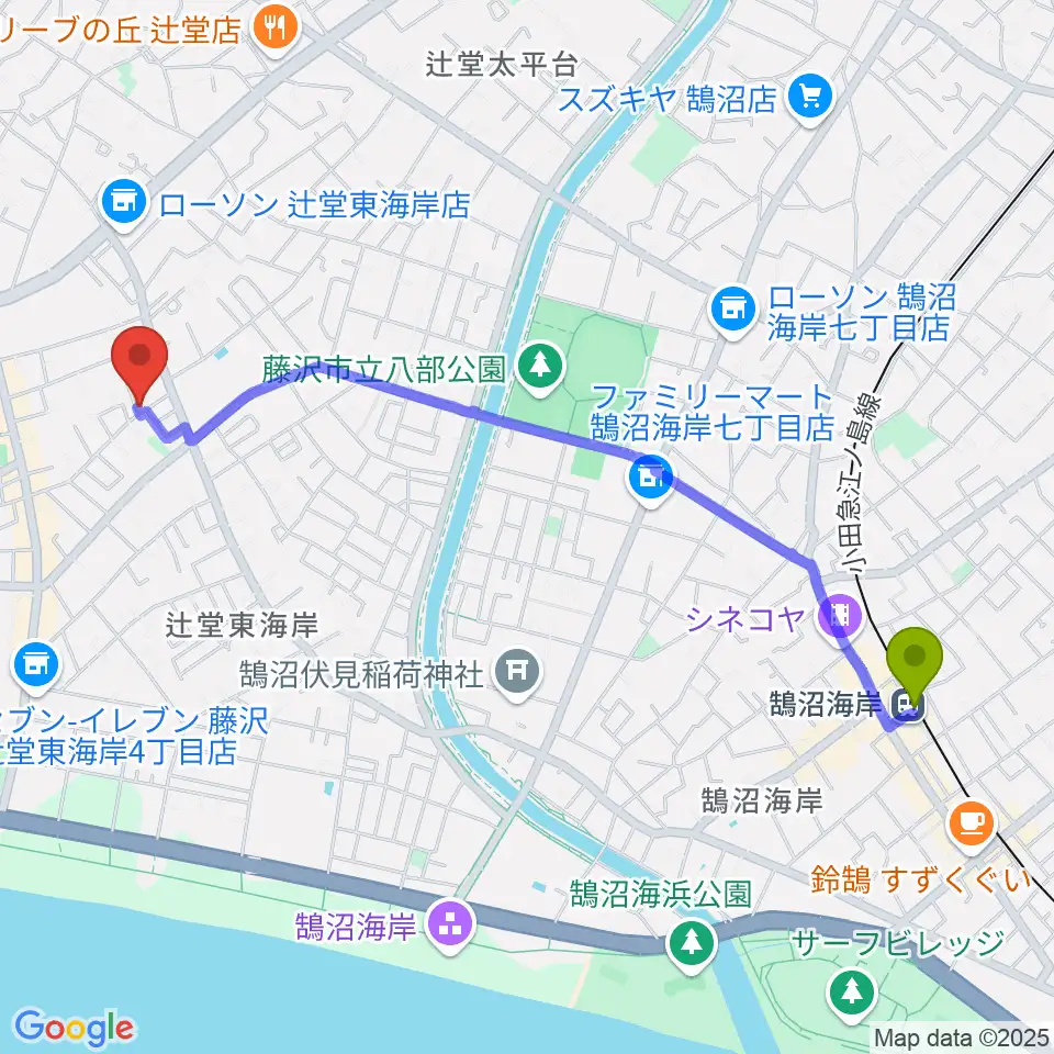 12アートアカデミーの最寄駅鵠沼海岸駅からの徒歩ルート（約25分）地図