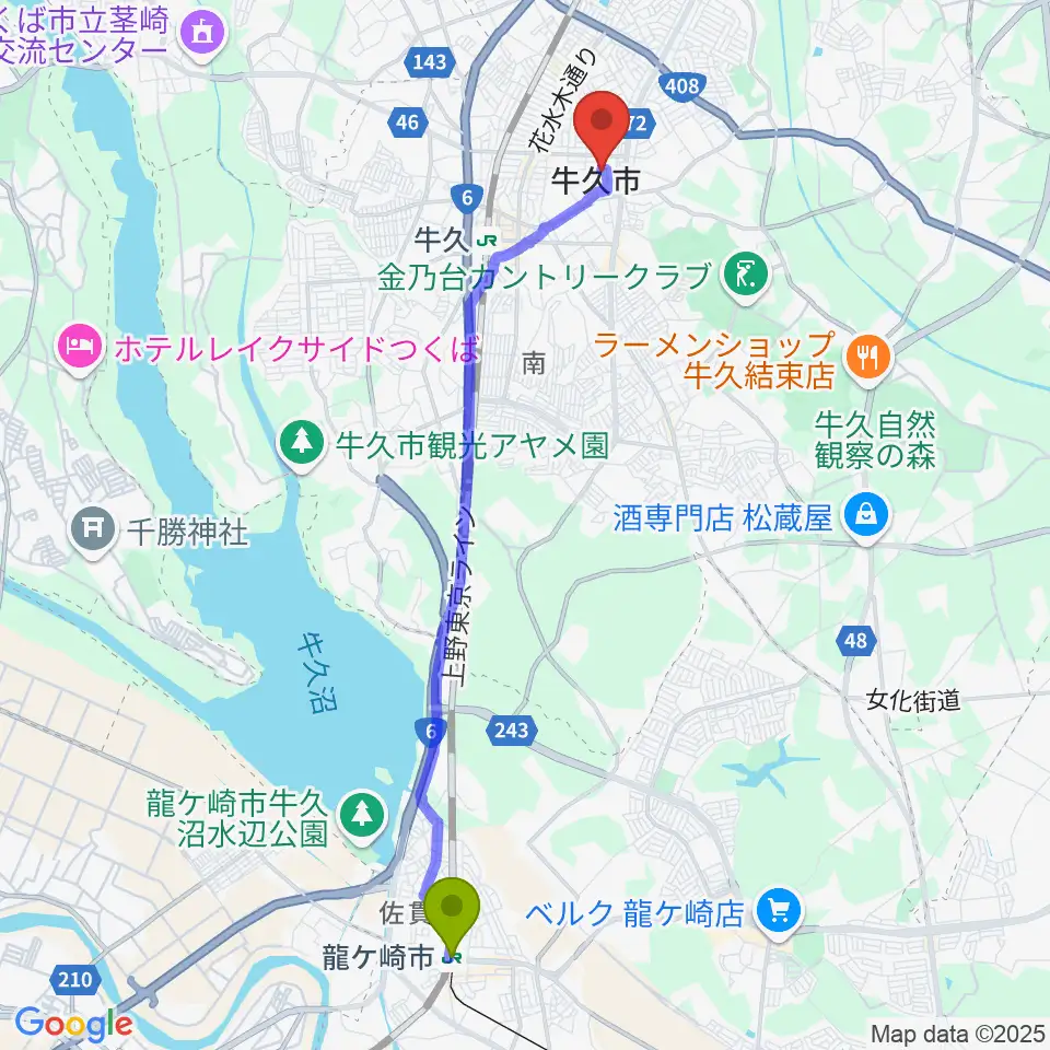 龍ケ崎市駅からFMうしくうれしく放送へのルートマップ地図