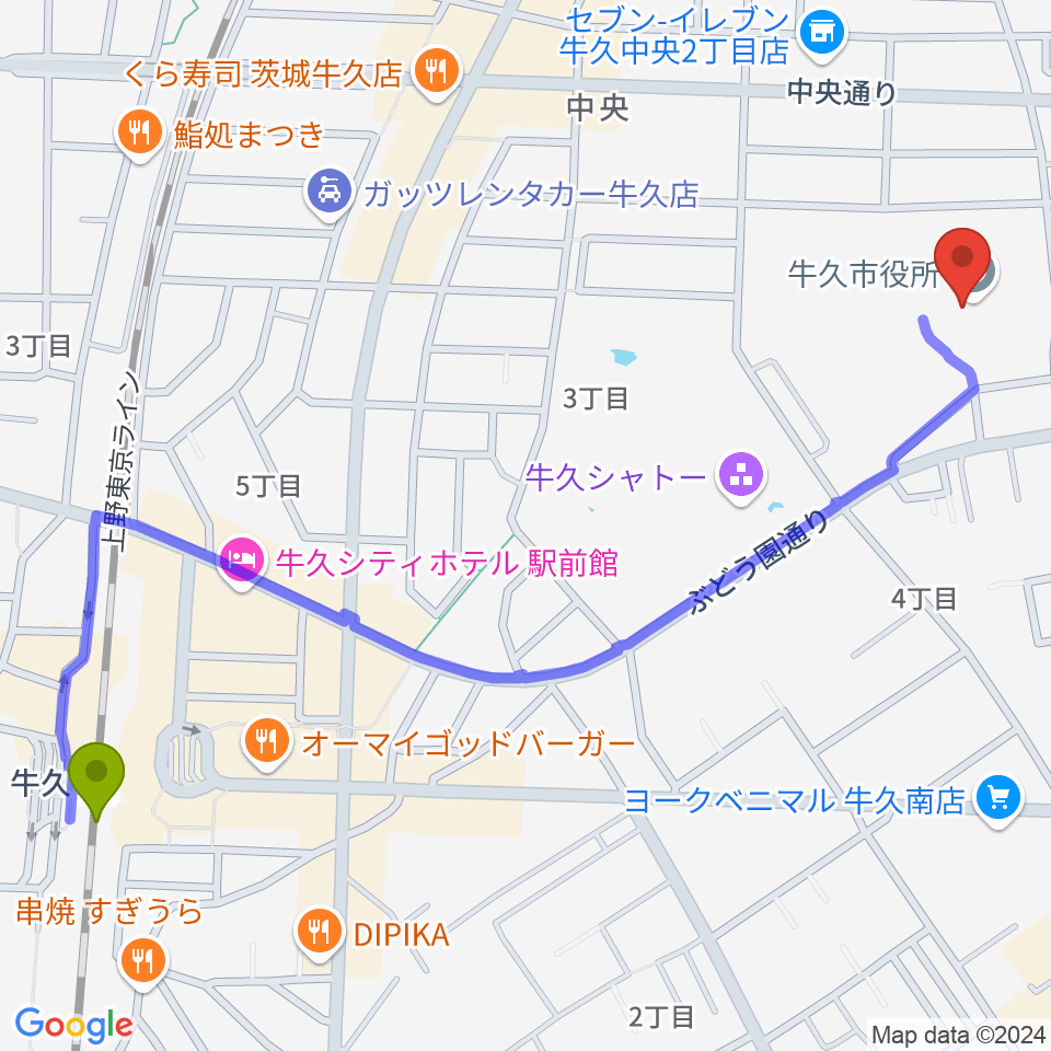 FMうしくうれしく放送（FM-UU）の最寄駅牛久駅からの徒歩ルート（約15分）地図