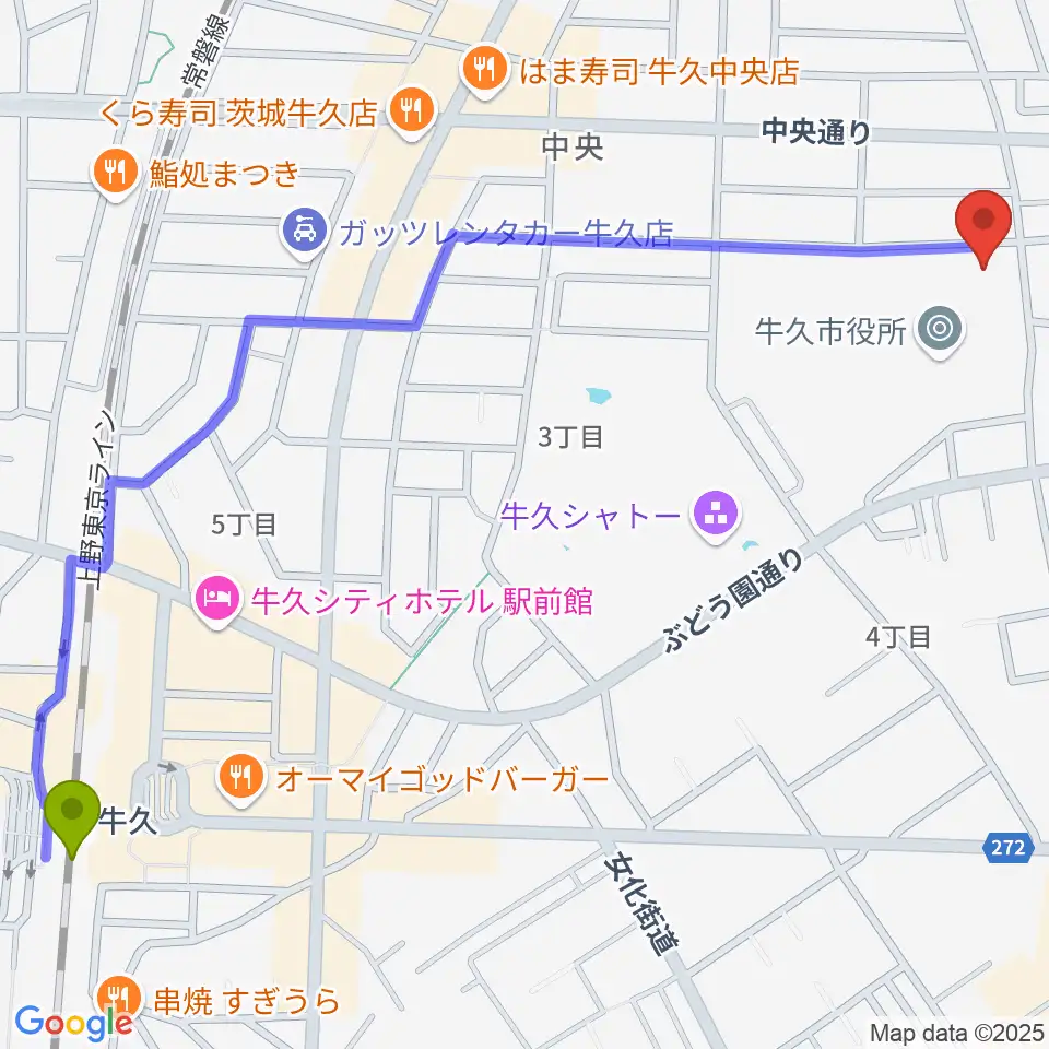 FMうしくうれしく放送の最寄駅牛久駅からの徒歩ルート（約16分）地図