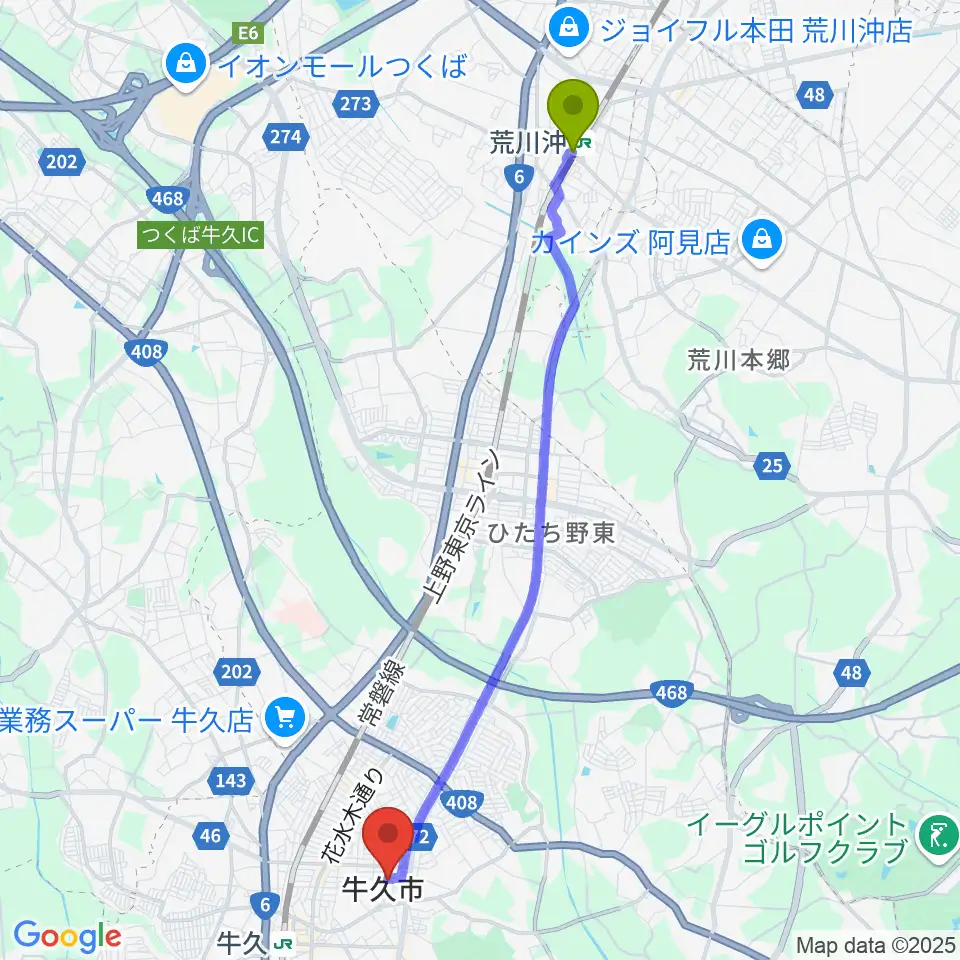 荒川沖駅からFMうしくうれしく放送へのルートマップ地図