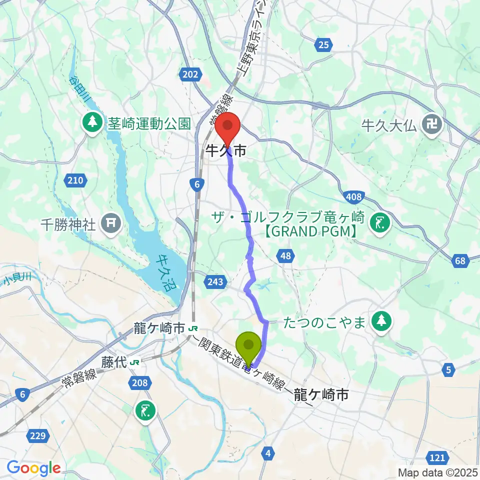 入地駅からFMうしくうれしく放送へのルートマップ地図