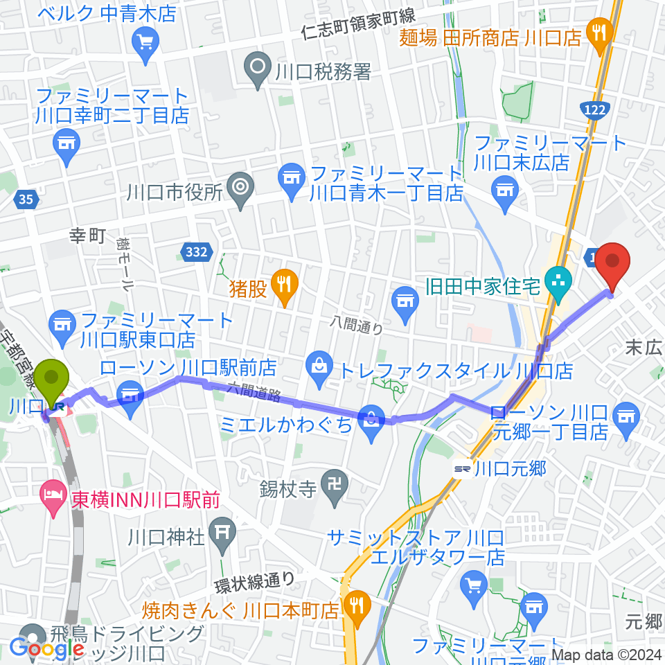 川口駅からFM川口 856STUDIOへのルートマップ地図