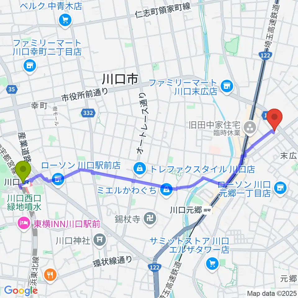 川口駅からFM川口 856STUDIOへのルートマップ地図