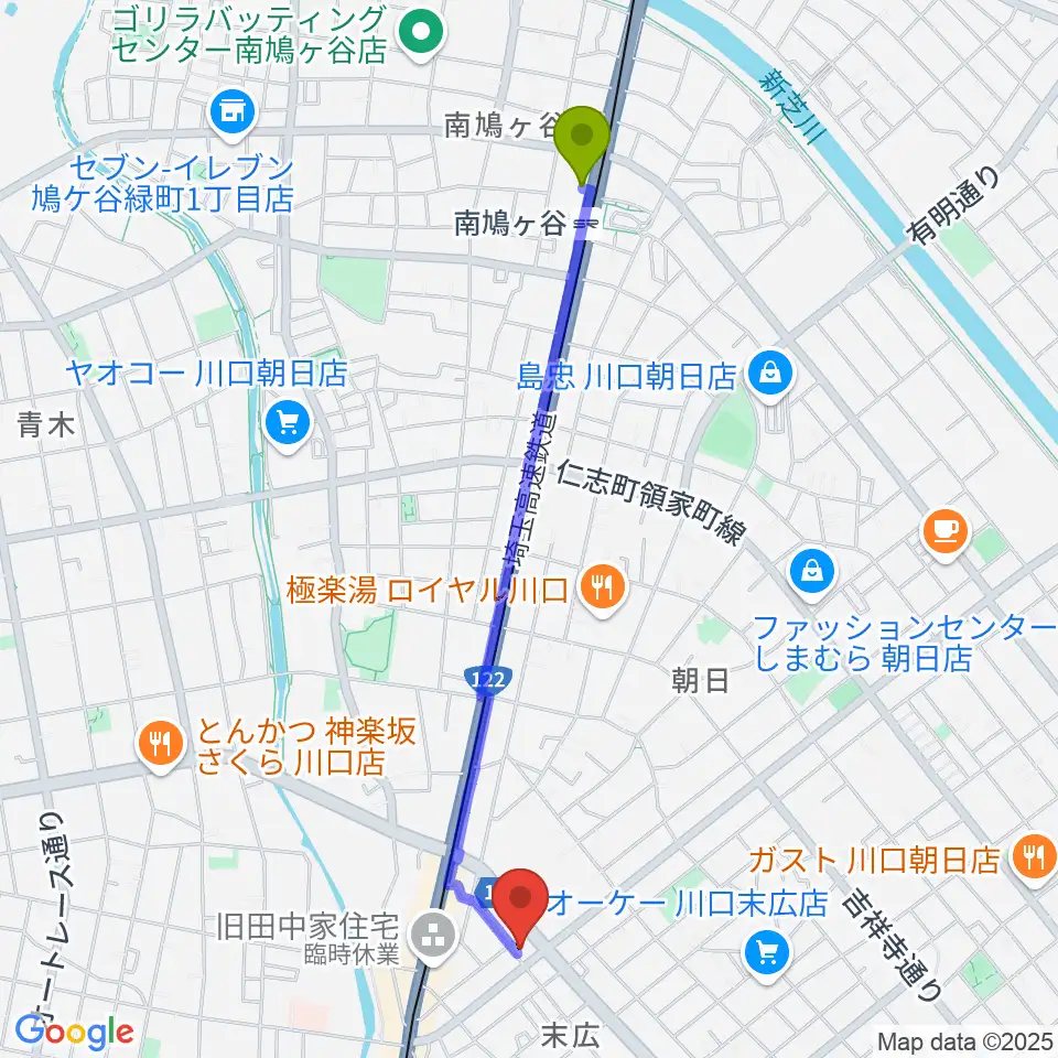 南鳩ヶ谷駅からFM川口 856STUDIOへのルートマップ地図