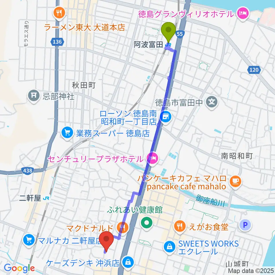 阿波富田駅からユニスタイル沖浜へのルートマップ地図