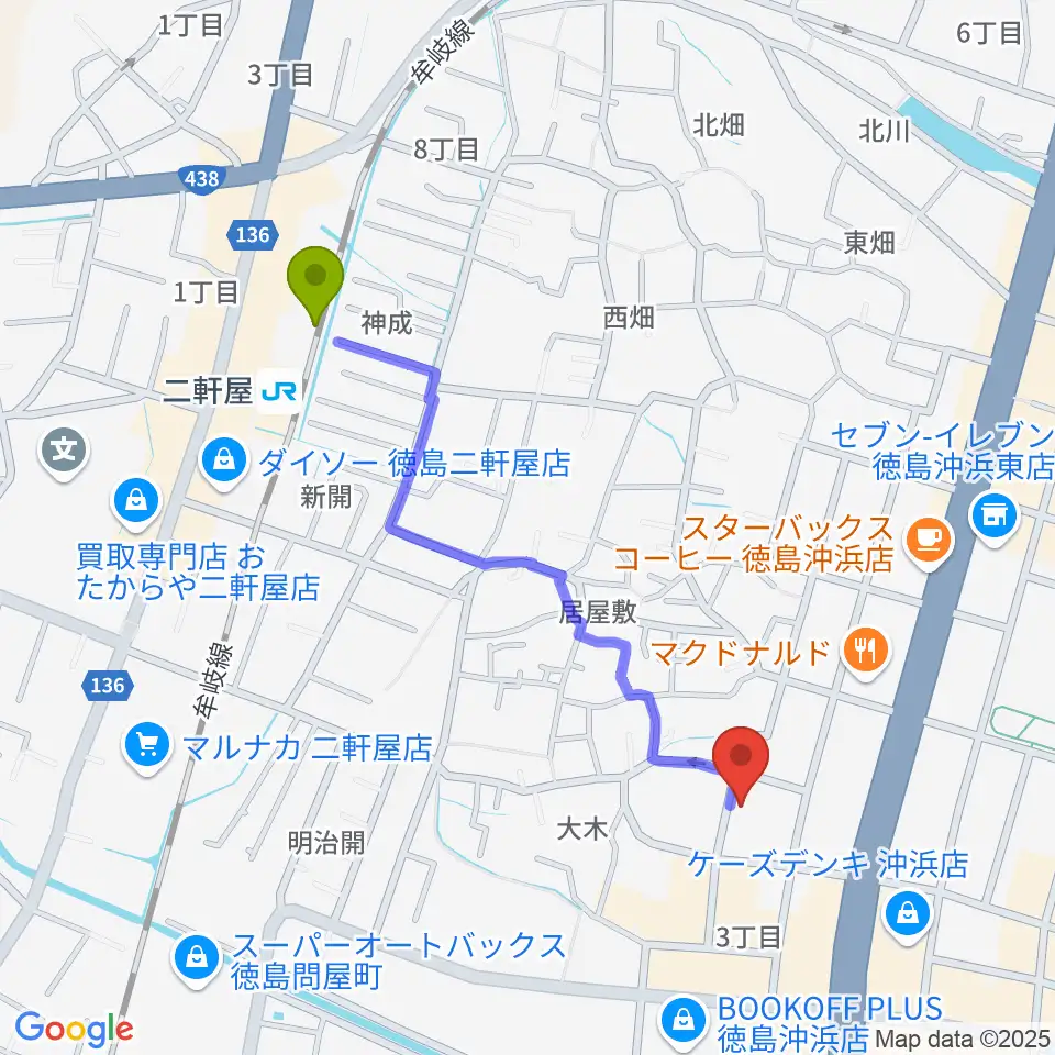 ユニスタイル沖浜の最寄駅二軒屋駅からの徒歩ルート（約10分）地図