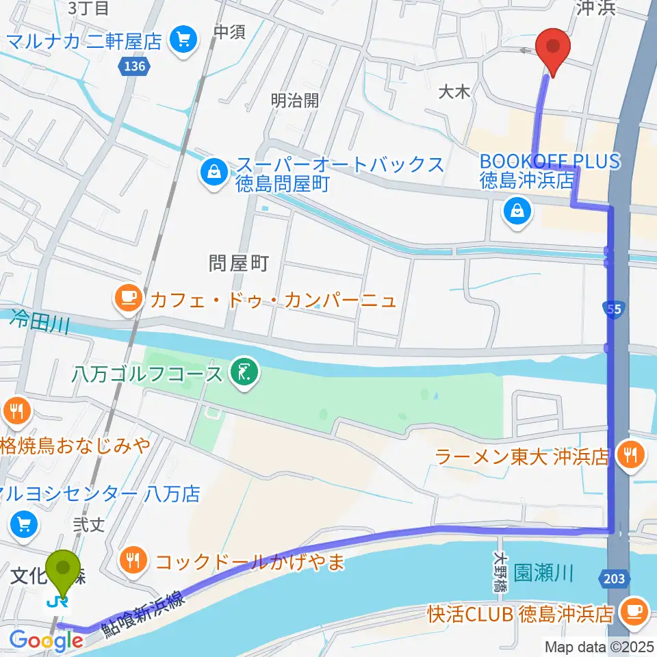 文化の森駅からユニスタイル沖浜へのルートマップ地図