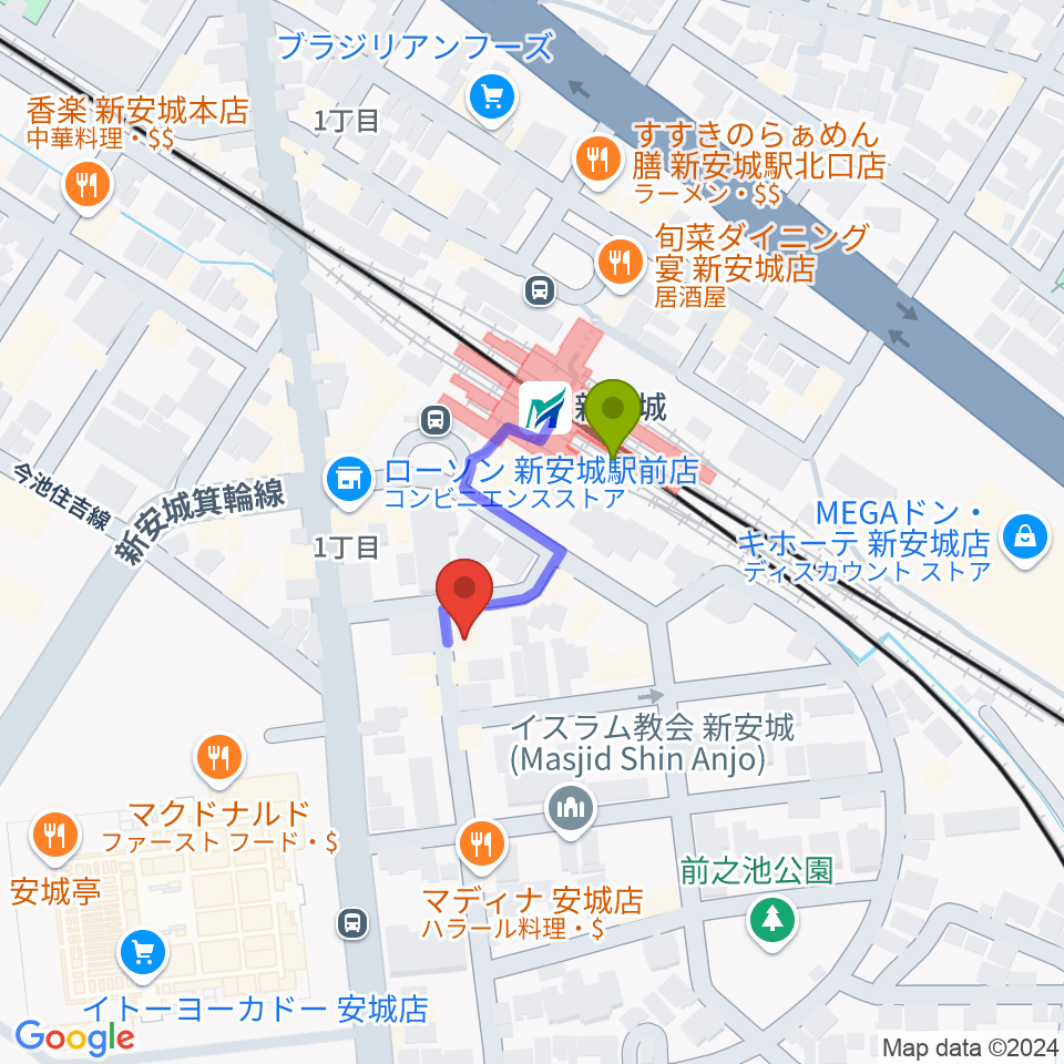 新安城RADIO CLUBの最寄駅新安城駅からの徒歩ルート（約2分）地図