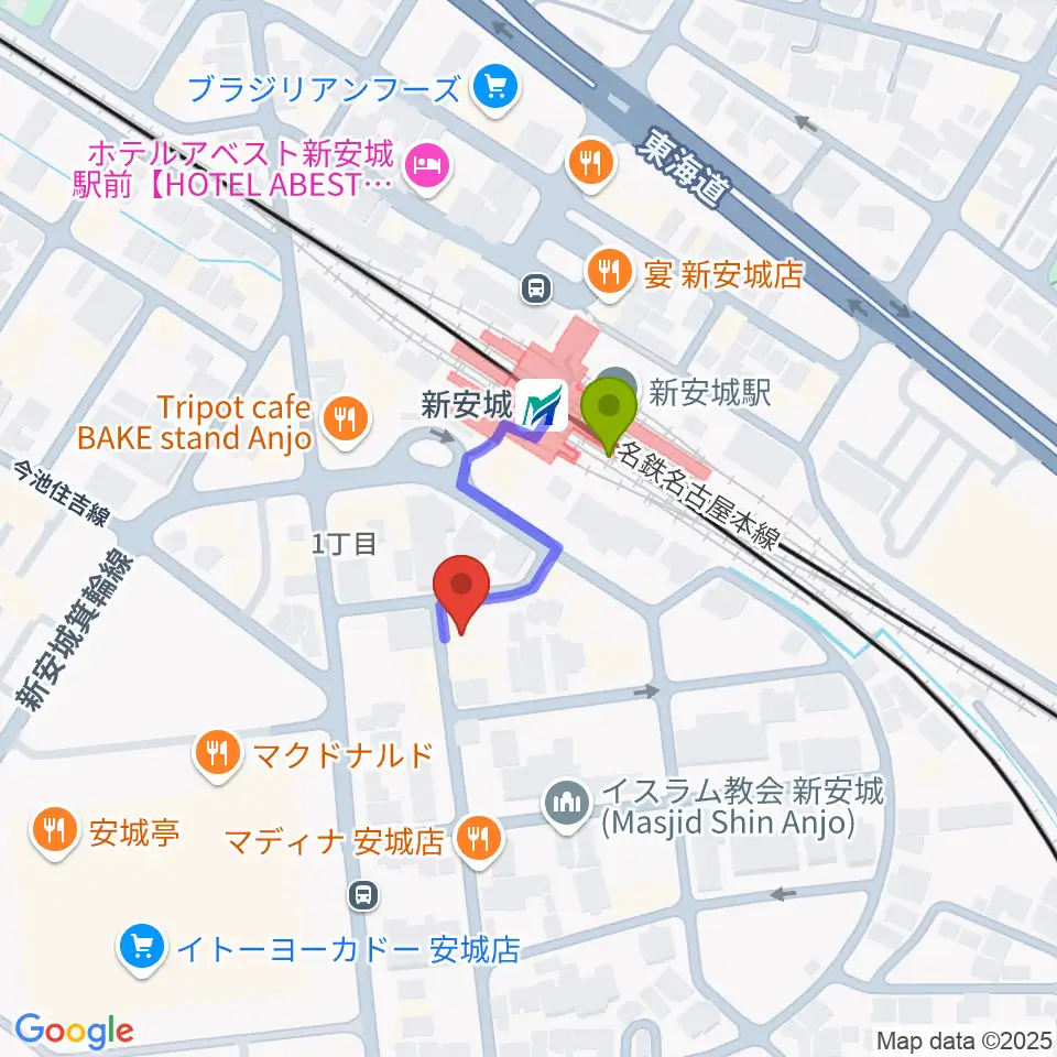 新安城RADIO CLUBの最寄駅新安城駅からの徒歩ルート（約2分）地図