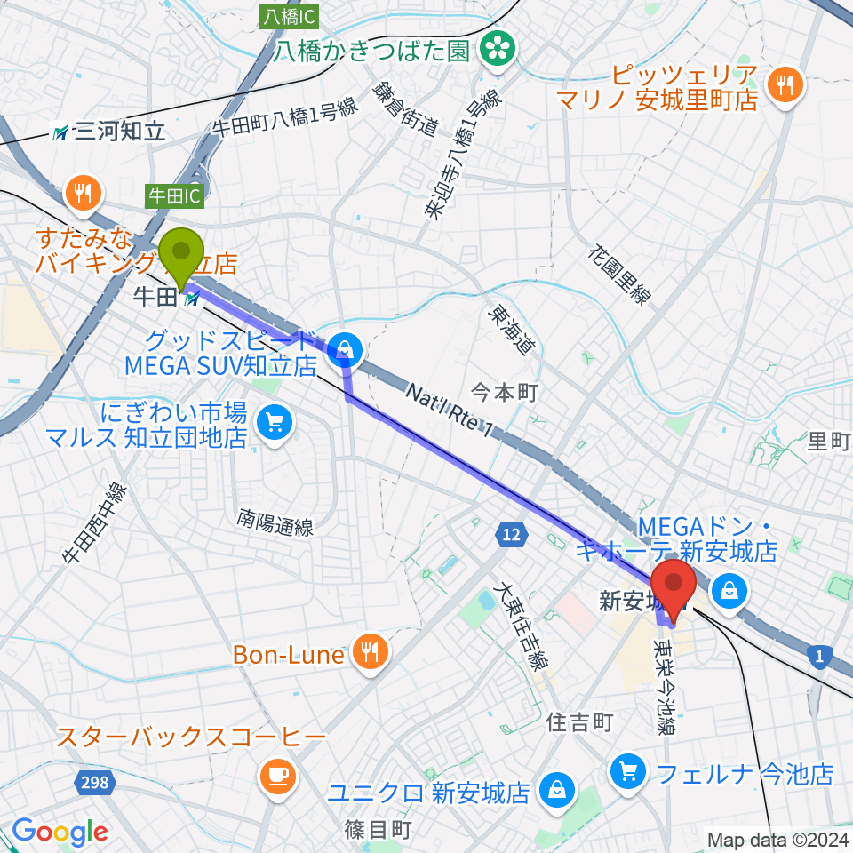 牛田駅から新安城RADIO CLUBへのルートマップ地図