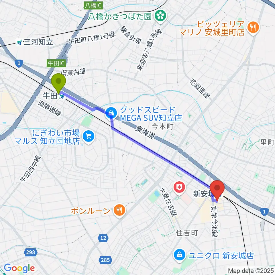 牛田駅から新安城RADIO CLUBへのルートマップ地図