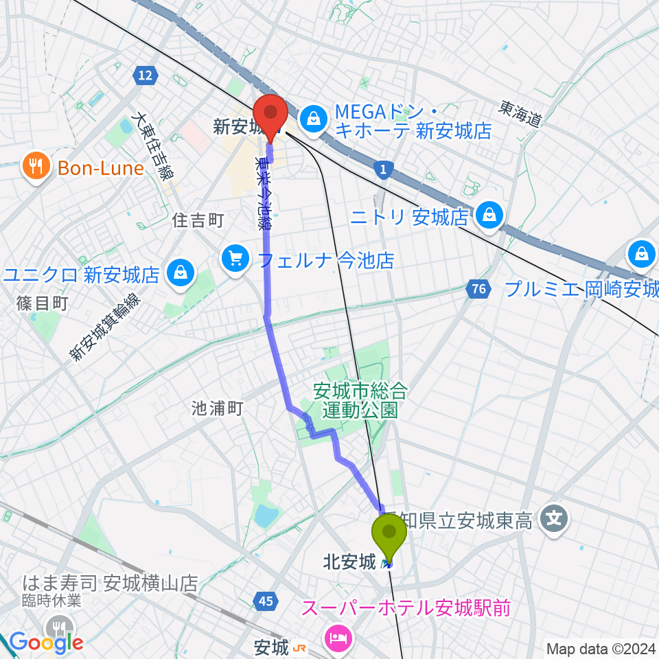 北安城駅から新安城RADIO CLUBへのルートマップ地図