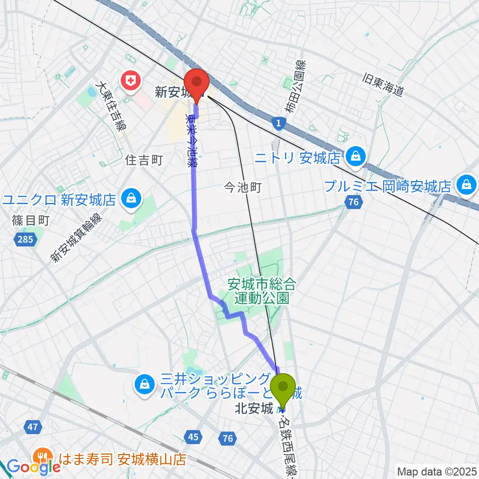 北安城駅から新安城RADIO CLUBへのルートマップ地図