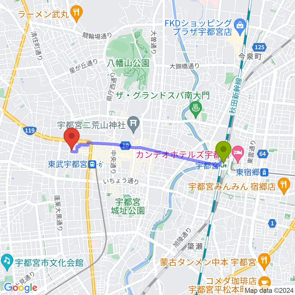 宇都宮駅から宇都宮HELLO DOLLYへのルートマップ地図