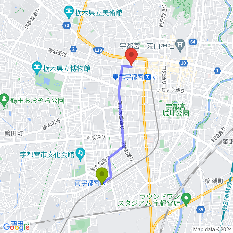 南宇都宮駅から宇都宮HELLO DOLLYへのルートマップ地図