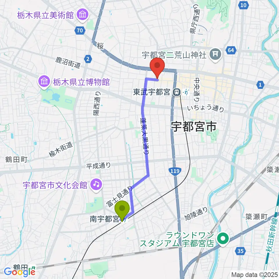 南宇都宮駅から宇都宮HELLO DOLLYへのルートマップ地図