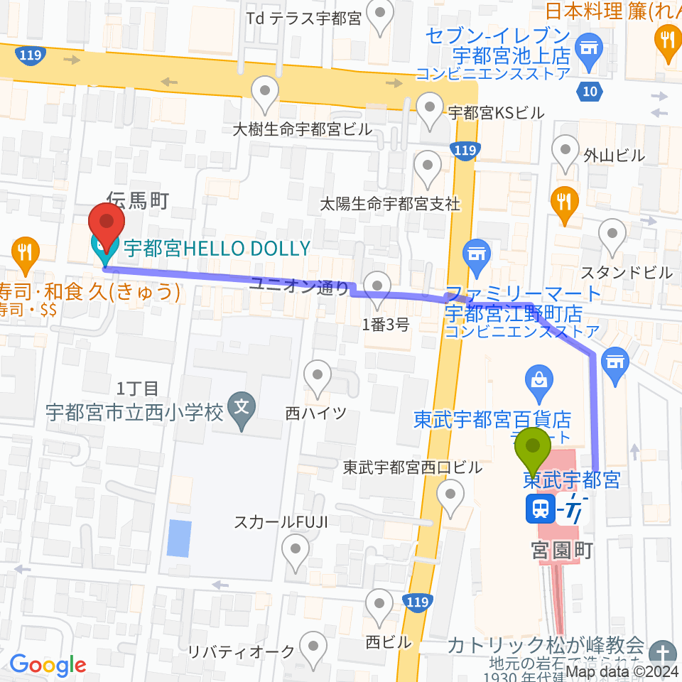 宇都宮HELLO DOLLYの最寄駅東武宇都宮駅からの徒歩ルート（約5分）地図