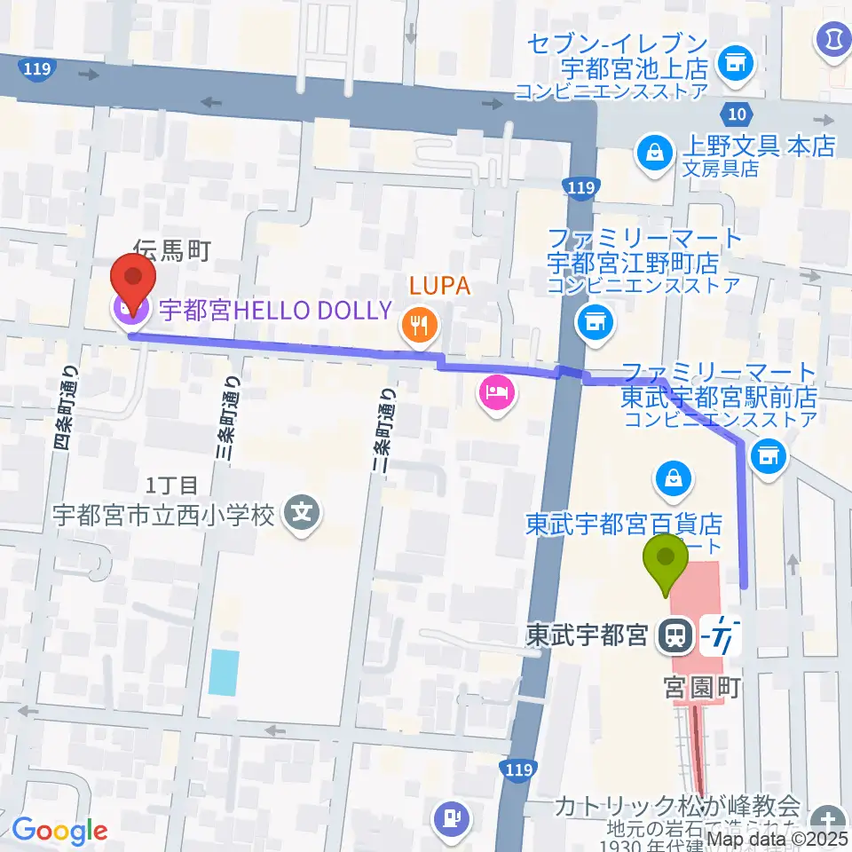 宇都宮HELLO DOLLYの最寄駅東武宇都宮駅からの徒歩ルート（約5分）地図