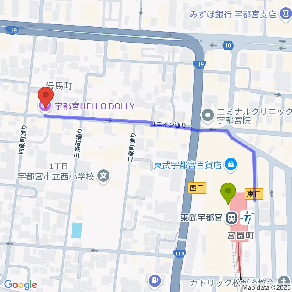 宇都宮HELLO DOLLYの最寄駅東武宇都宮駅からの徒歩ルート（約5分）地図