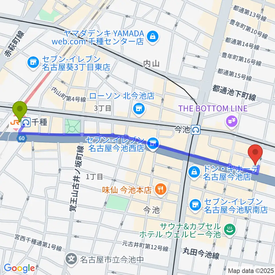 千種駅からリフレクトスタジオ今池店へのルートマップ地図