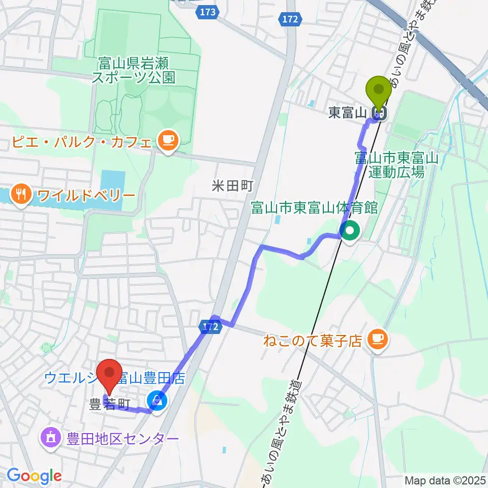 東富山駅から笹山友希予ピアノ教室へのルートマップ地図