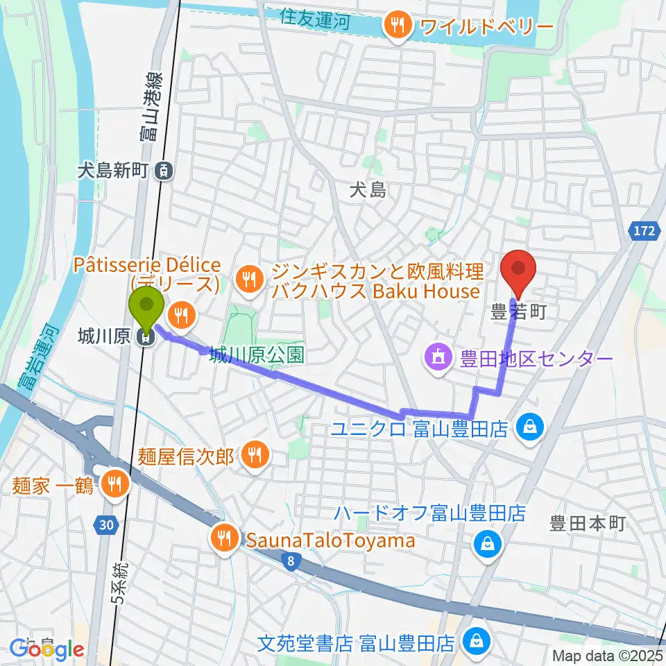 笹山友希予ピアノ教室の最寄駅城川原駅からの徒歩ルート（約17分）地図