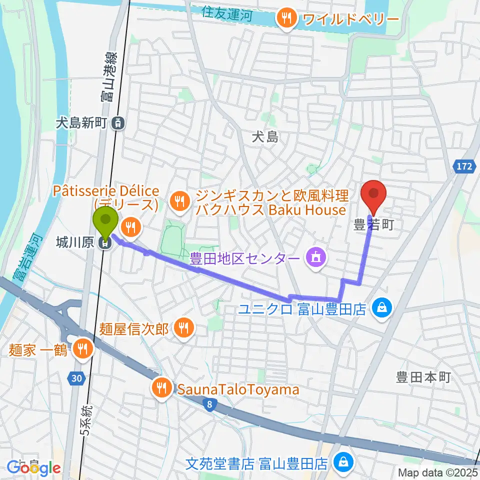 笹山友希予ピアノ教室の最寄駅城川原駅からの徒歩ルート（約17分）地図