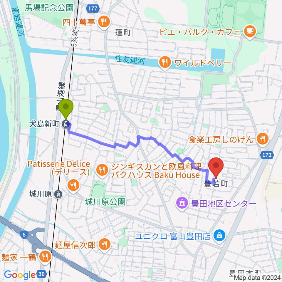 犬島新町駅から笹山友希予ピアノ教室へのルートマップ地図