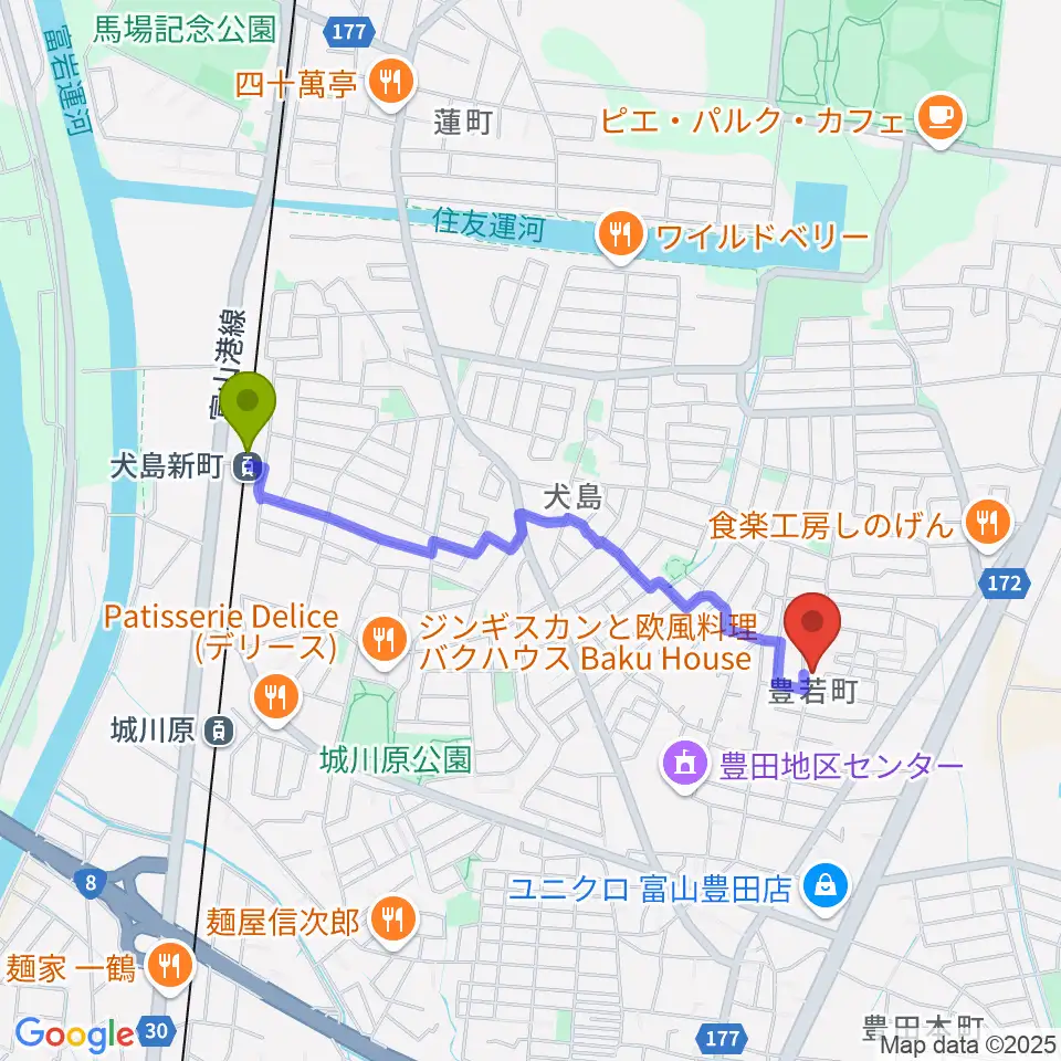 犬島新町駅から笹山友希予ピアノ教室へのルートマップ地図