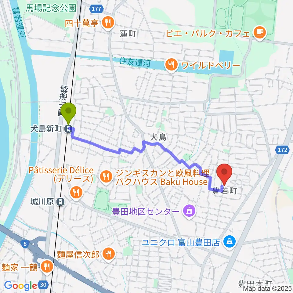 犬島新町駅から笹山友希予ピアノ教室へのルートマップ地図