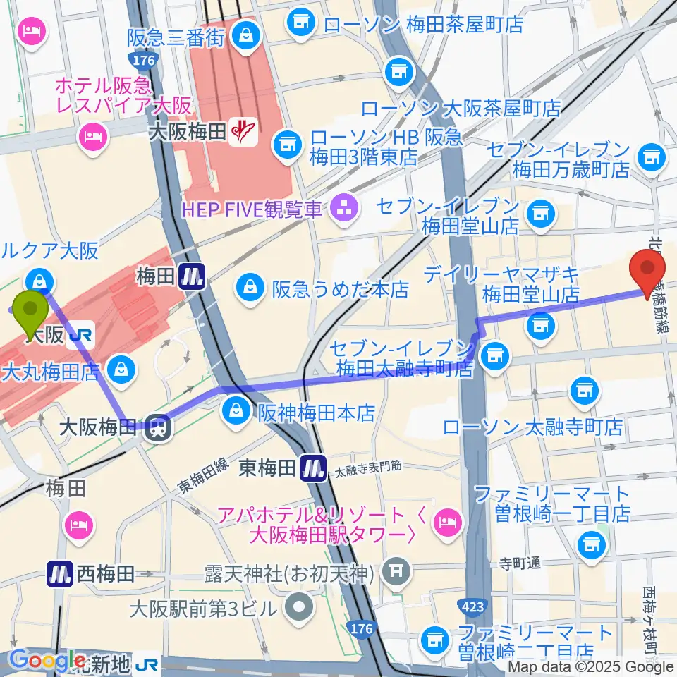 大阪駅から梅田ムジカジャポニカへのルートマップ地図