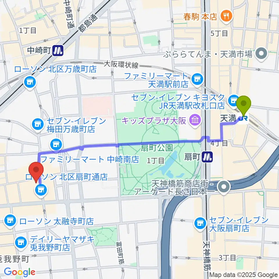 天満駅から梅田ムジカジャポニカへのルートマップ地図