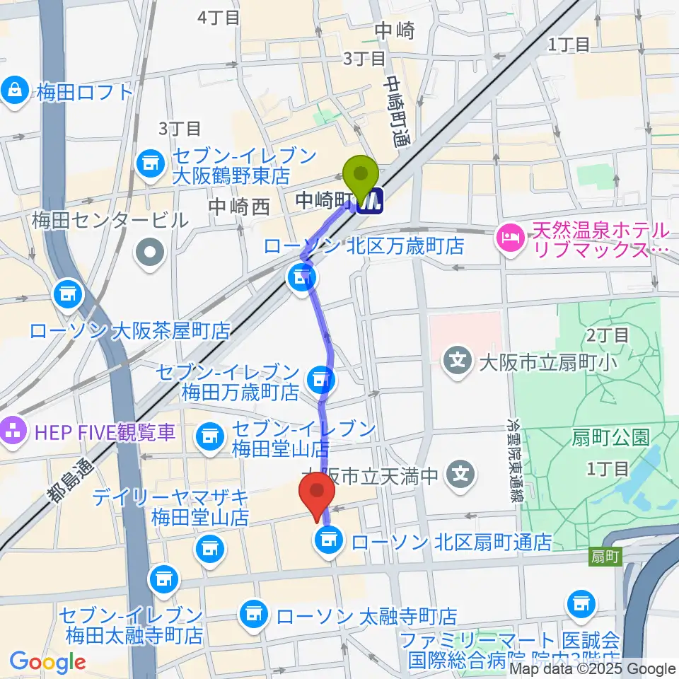 梅田ムジカジャポニカの最寄駅中崎町駅からの徒歩ルート（約7分）地図