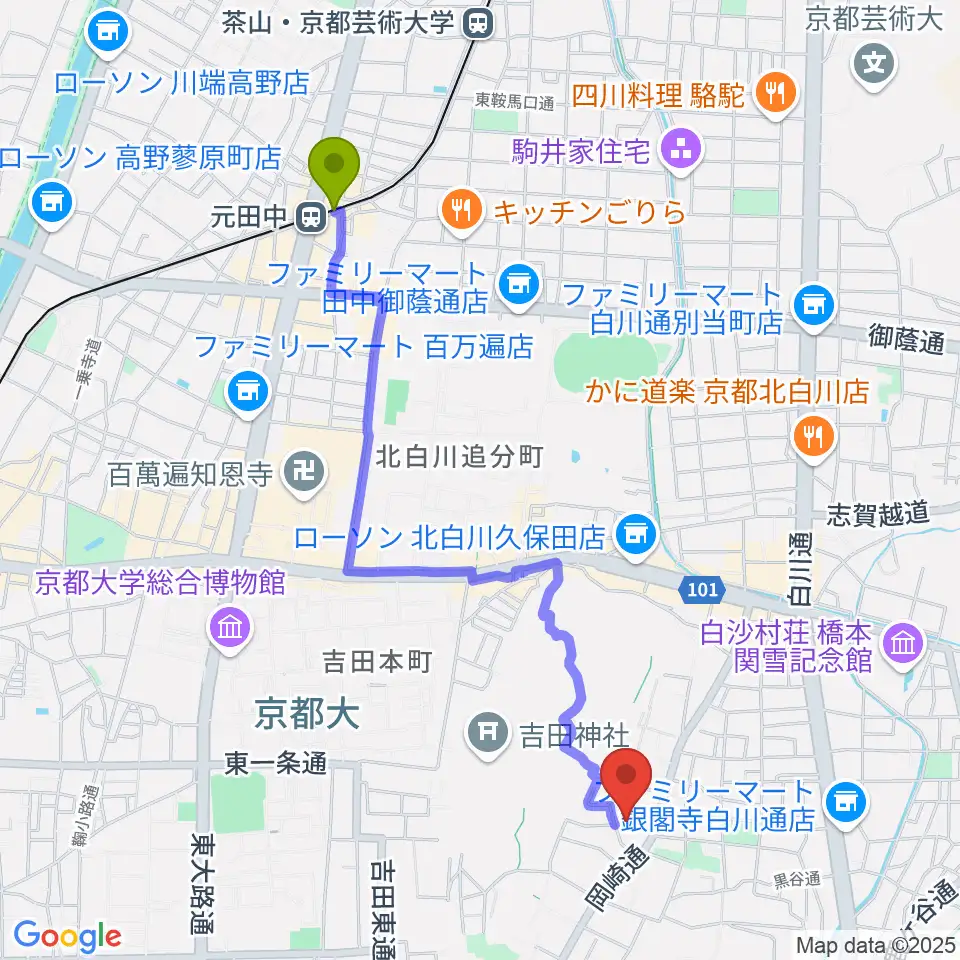 錦鱗館の最寄駅元田中駅からの徒歩ルート（約22分）地図