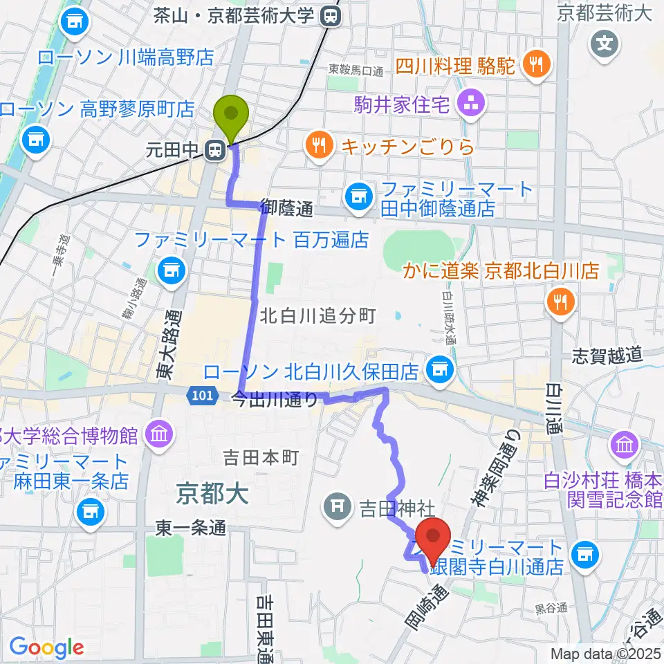 錦鱗館の最寄駅元田中駅からの徒歩ルート（約22分）地図