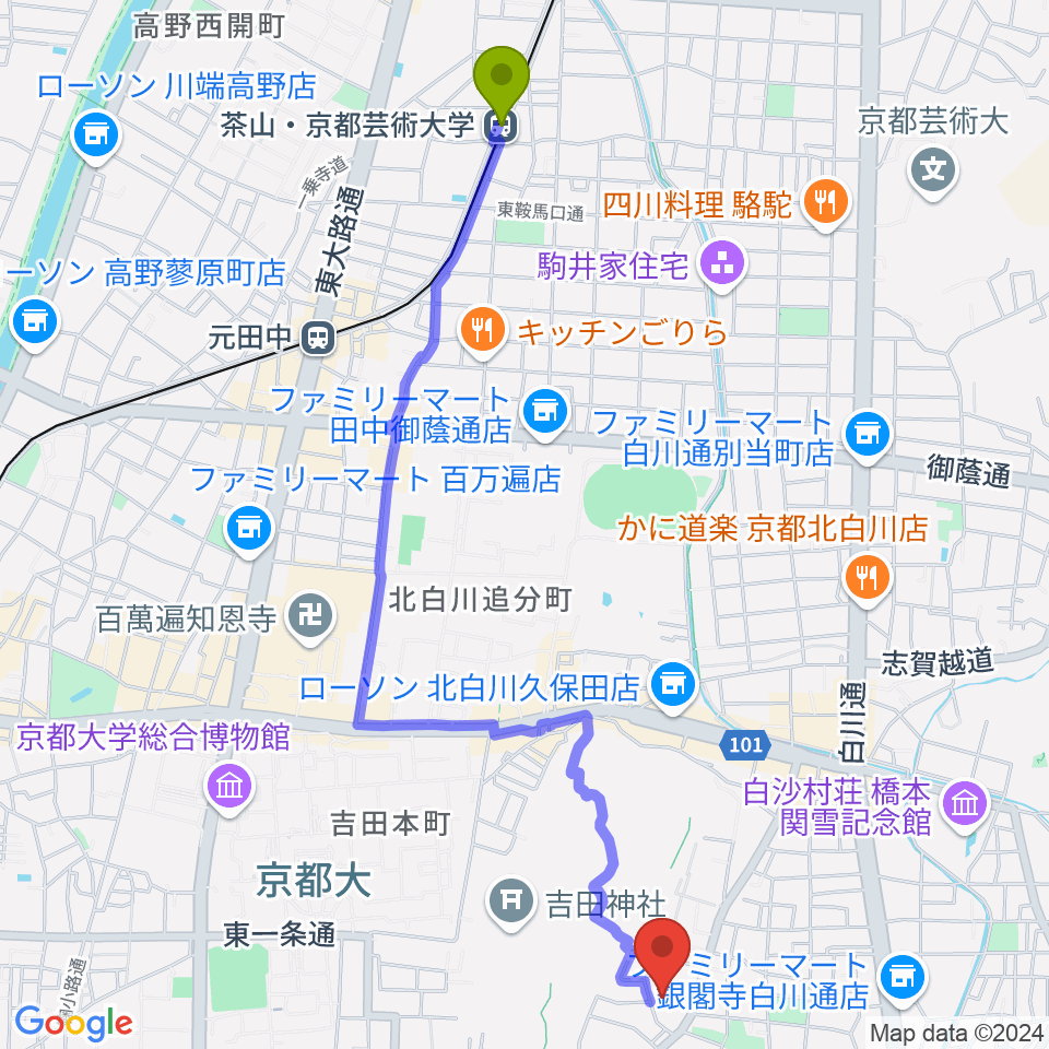 茶山駅から錦鱗館へのルートマップ地図