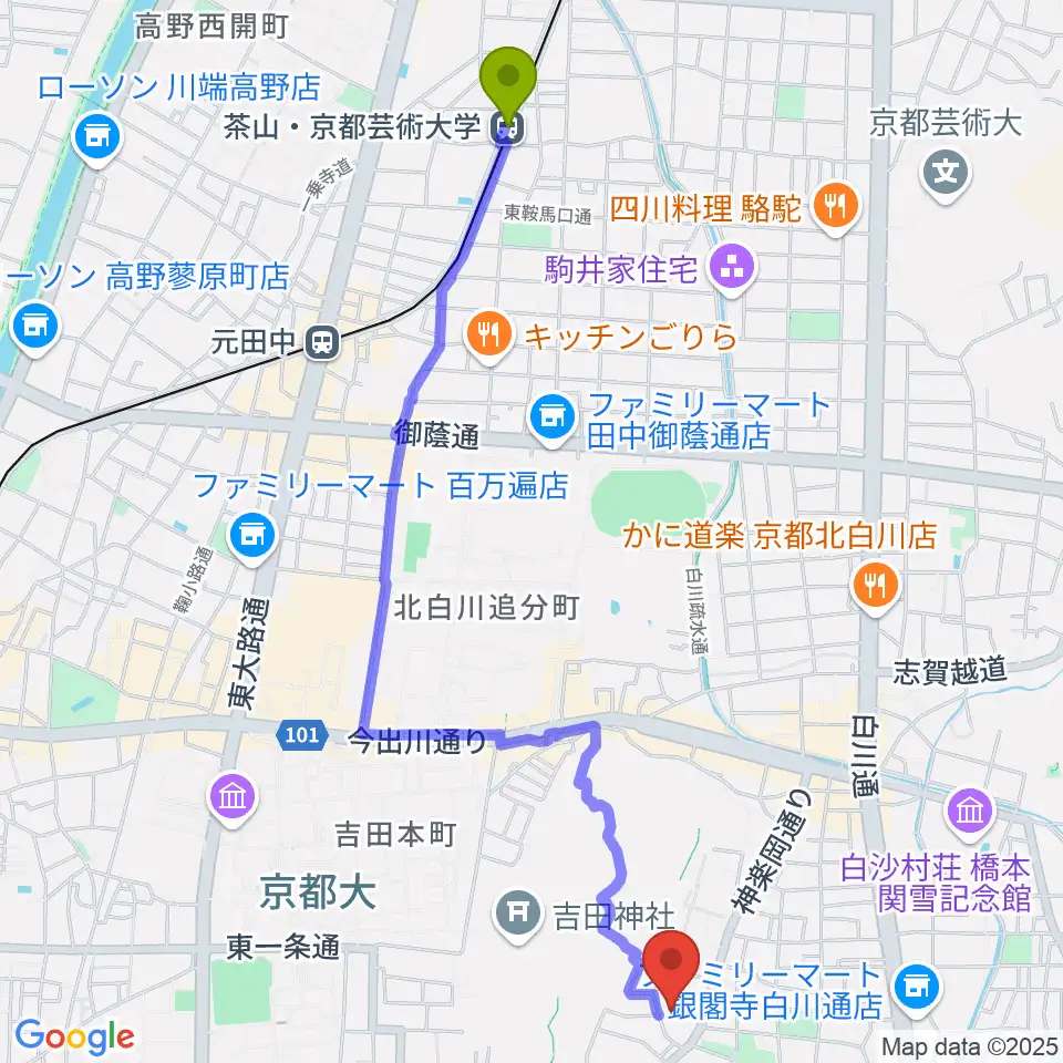 茶山駅から錦鱗館へのルートマップ地図