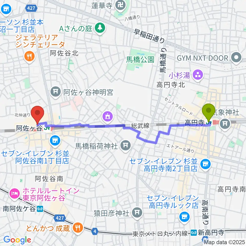 高円寺駅から阿佐ヶ谷天へのルートマップ地図