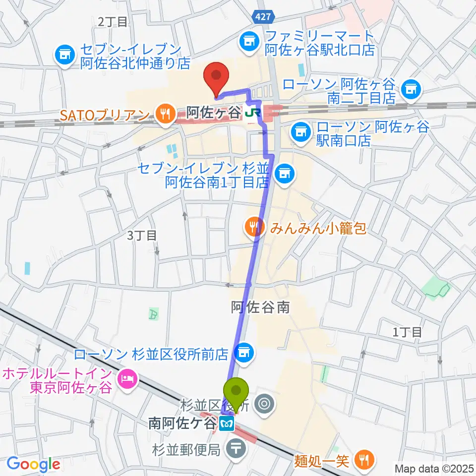 南阿佐ケ谷駅から阿佐ヶ谷天へのルートマップ地図