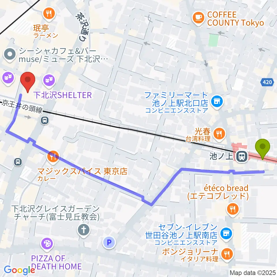 池ノ上駅から下北沢ろくでもない夜へのルートマップ地図